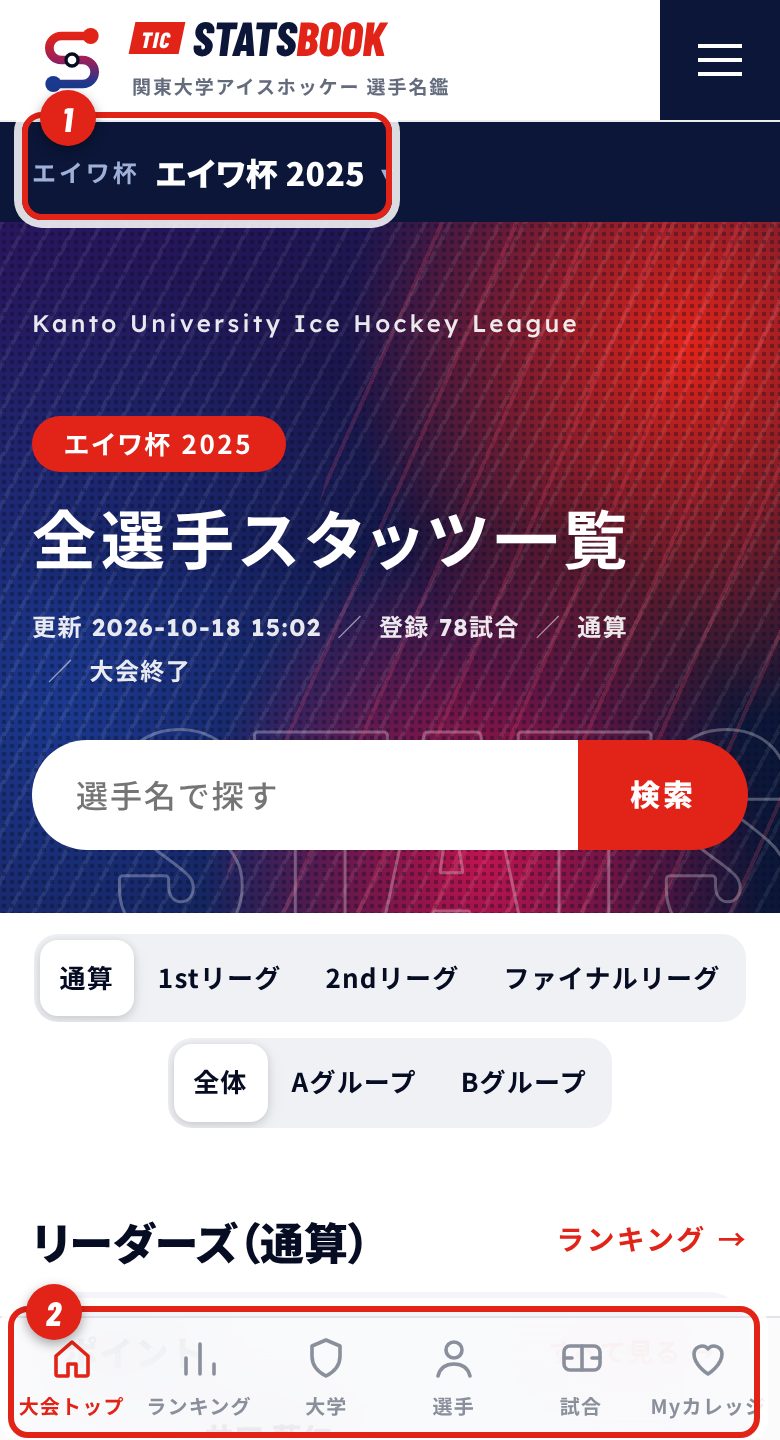 大会の中を見るの画面（番号は説明に対応）
