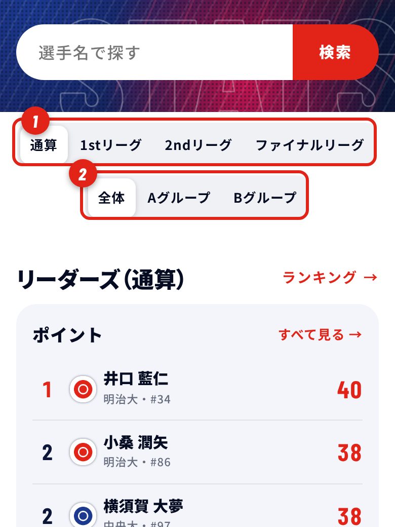 区分・グループで絞るの画面（番号は説明に対応）